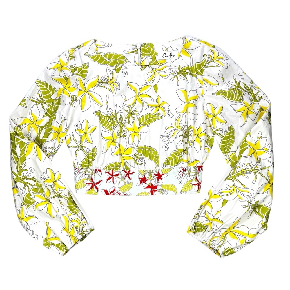 Coco Shop Floral Balloon Sleeve Cotton Crop Top, XS